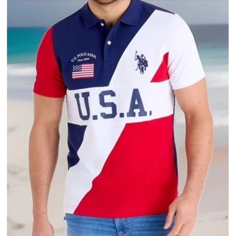 U.S. Polo Assn. Colorblock Polo Shirt USA Theme Logo Navy Red White Size M